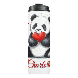 Cute Panda Holding Heart with Customizable Name Thermal Tumbler