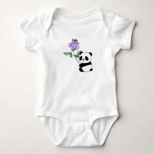 Cute Panda Holding Purple Rose Line Art Baby Bodysuit