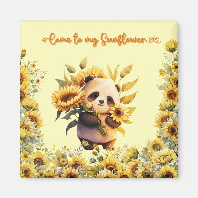 Cute Panda Holding Sunflowers | Square Magnet (Front)