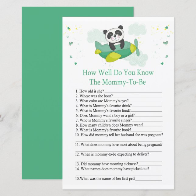 Cute panda How well do you know baby shower game (Front/Back)