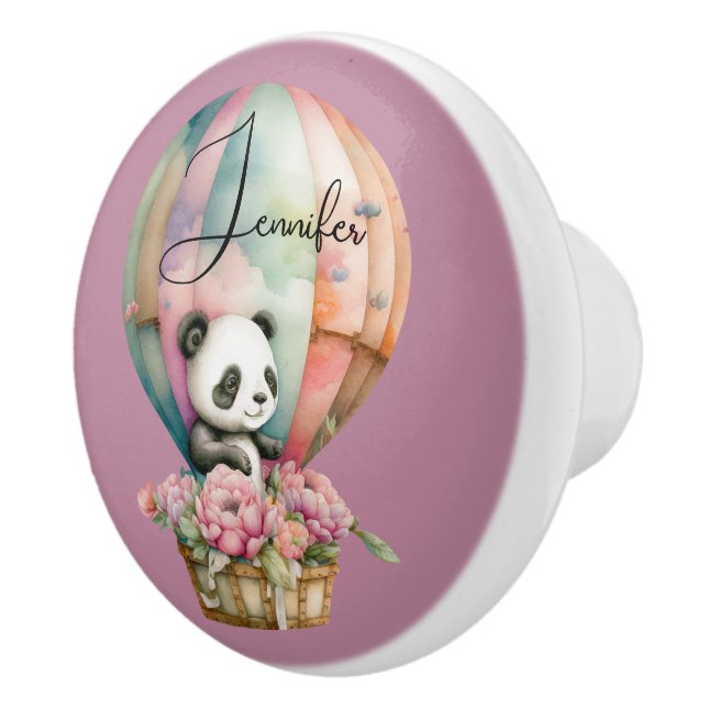 Cute panda in a hot air balloon on pink bg custom ceramic knob (Right)
