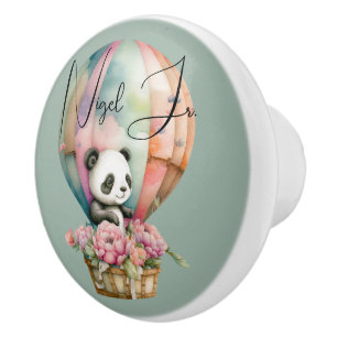 Cute panda in a hot air balloon steelblu bg custom ceramic knob
