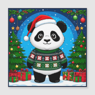 Cute Panda In Christmas Sweater Wears Santa Hat