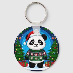 Cute Panda In Christmas Sweater Wears Santa Hat Keychain