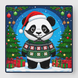 Cute Panda In Christmas Sweater Wears Santa Hat Square Wall Clock