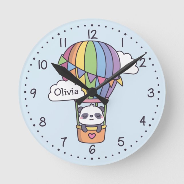 Cute Panda In Hot Air Balloon Kids Room Decor Round Clock (Front)