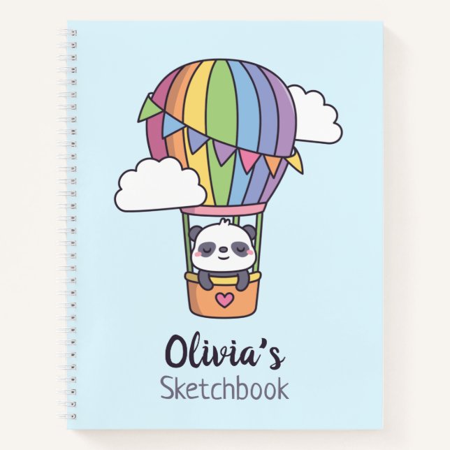 Cute Panda In Rainbow Hot Air Balloon Sketchbook Notebook (Front)