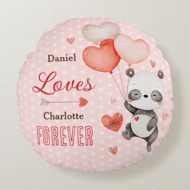 Cute Panda Love Red Heart Balloons Valentine's Round Pillow (Front)