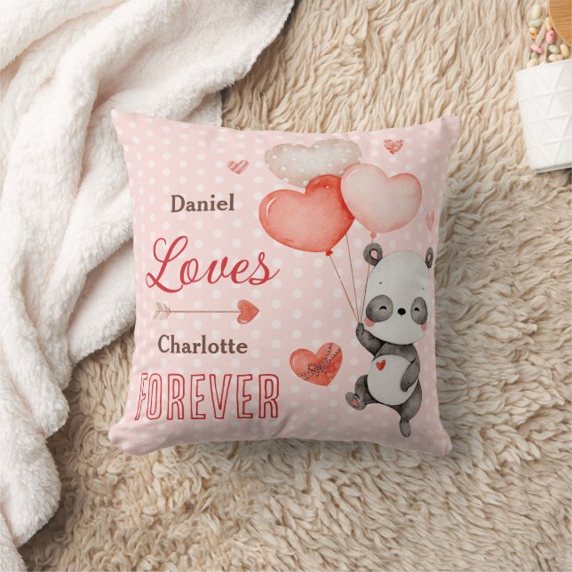 Cute Panda Love Red Heart Balloons Valentine's Throw Pillow (Blanket)
