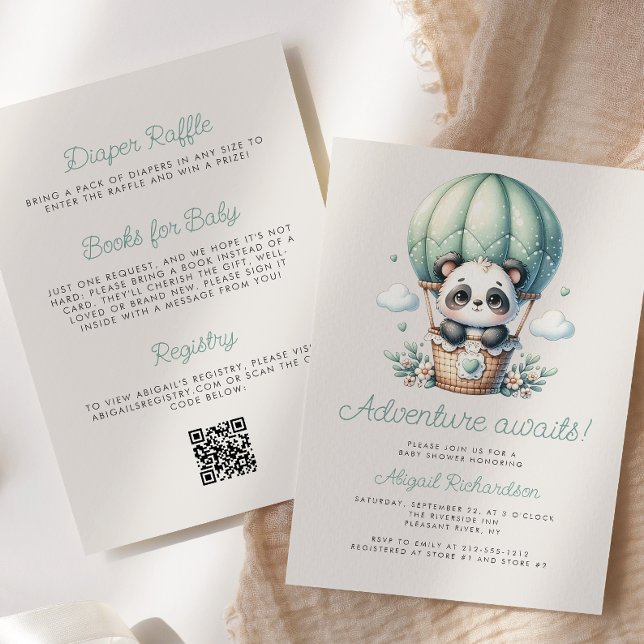 Cute Panda Mint Green Balloon QR Code Baby Shower Invitation (Creator Uploaded)