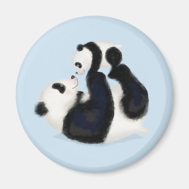 Cute panda mother and cub round magnet (blue) (Front)