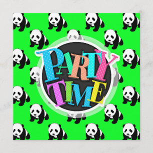 Cute Panda; Neon Green, Black & White Invitation