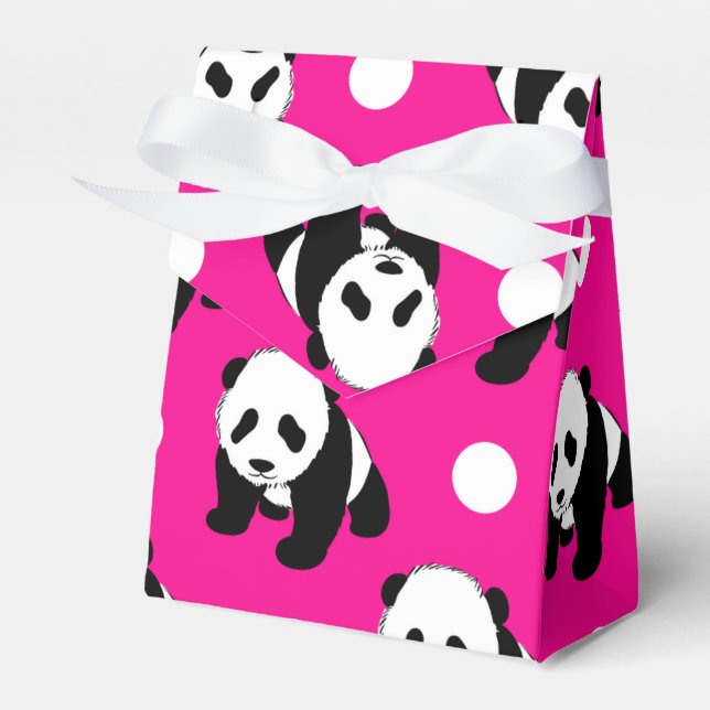 Cute Panda; Neon Pink, Black & White Polka Dots Favor Box (Front Side)