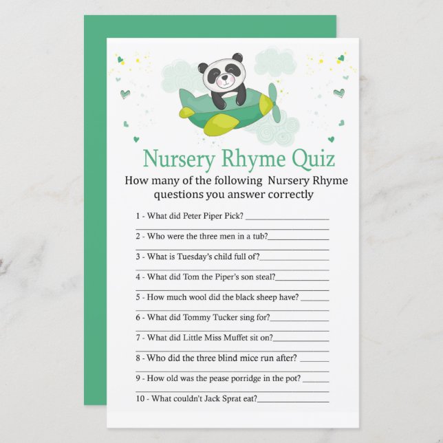 Cute panda Nursery Rhyme Quiz baby shower game (Front/Back)