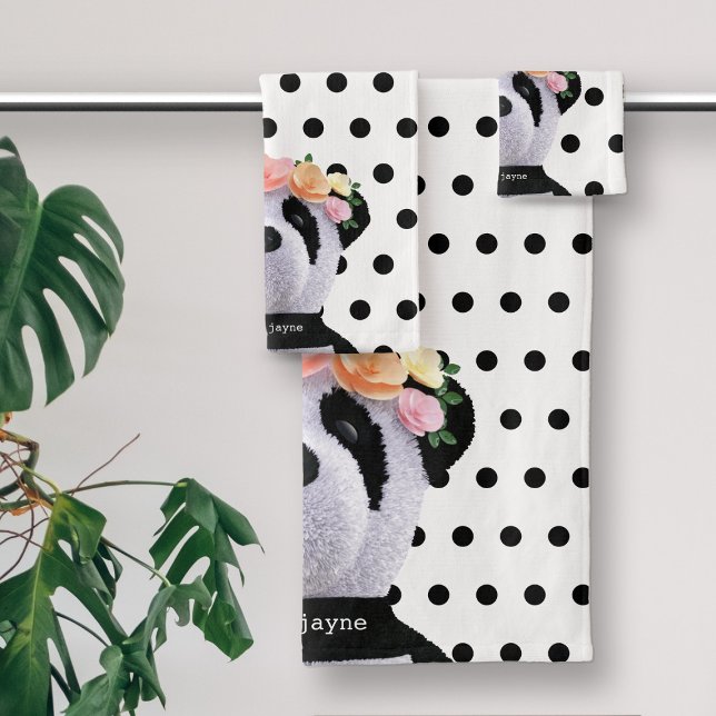 Cute Panda Ours Animal Noir et Blanc Polka Dot (Cute Panda Bear Polka Dot Bath Towel Set with space for your name)