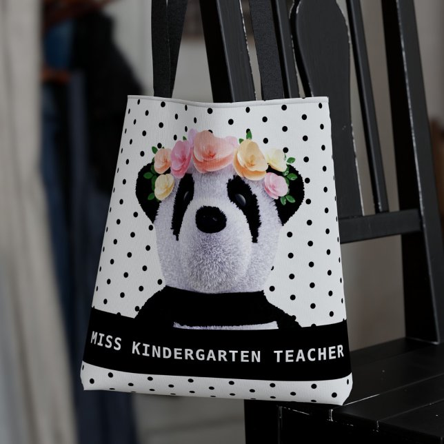 Cute Panda Ours Polka Dot Sac fourre-tout enseigna (A cute panda bear tote bag with flowers in her hair. Just add your teacher name!)
