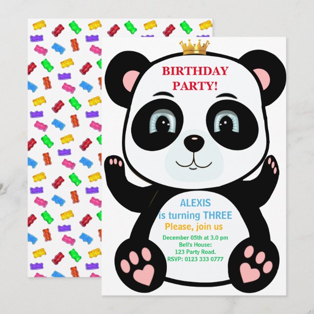 Cute Panda Ours & Sweets Multicolores Invitation (Devant / Derrière)