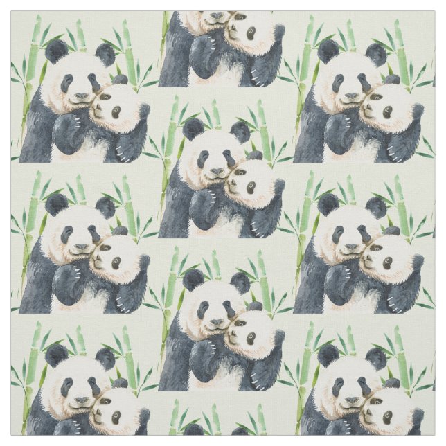 Cute Panda Pair & Bamboo Watercolor Pattern Fabric (Swatch)