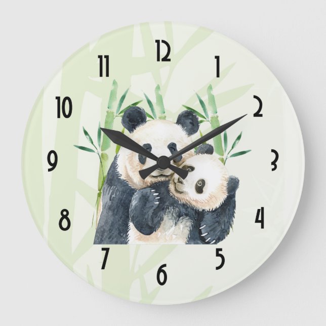 Cute Panda Pair in Bamboo Watercolor Large Clock (Front)
