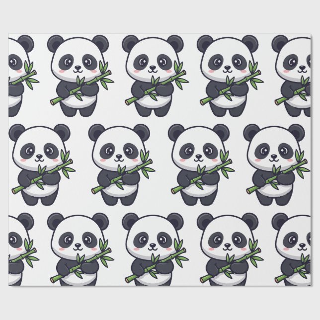 Cute Panda Pattern Wrapping Paper – Minimal Black  (Flat)