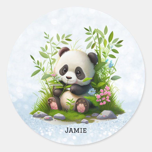 Cute Panda Personalized Pink Floral Bamboo Classic Round Sticker (Front)