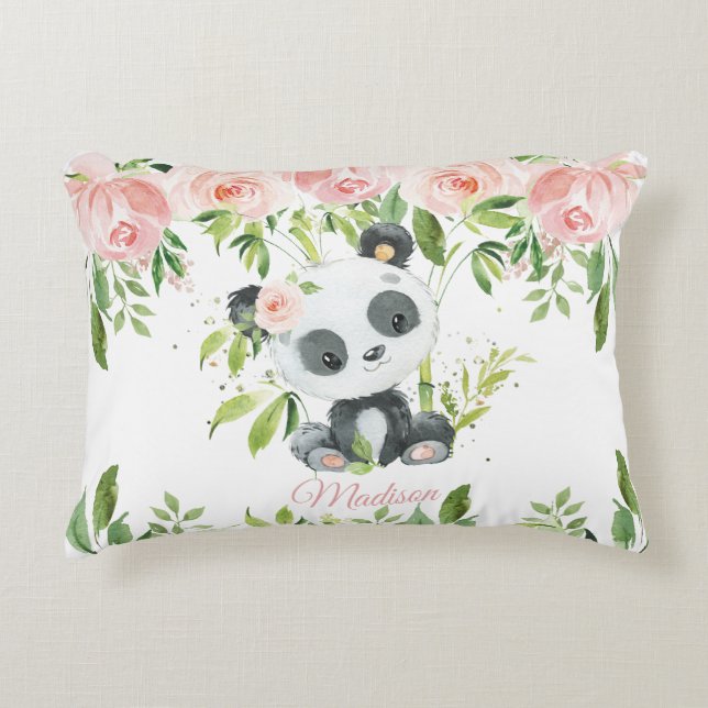 Cute Panda Pink Floral Greenery Bamboo Accent Pillow (Front)
