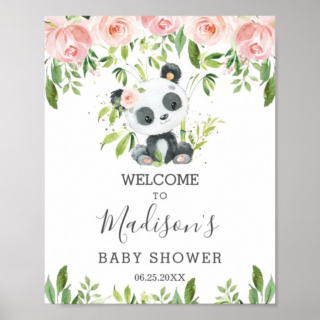 Cute Panda Pink Floral Greenery Bamboo Welcome  Poster (Front)