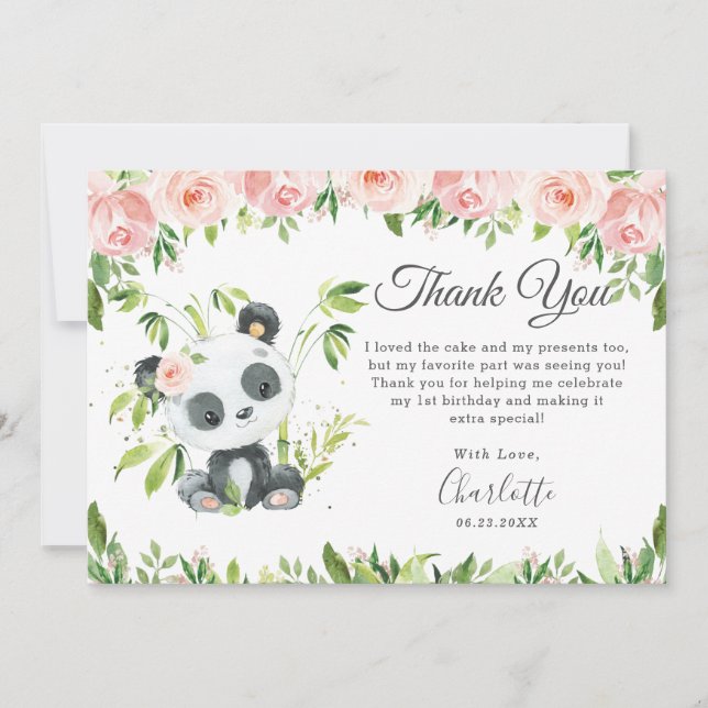 Cute Panda Pink Floral Greenery Birthday Party  Thank You Card (Front)