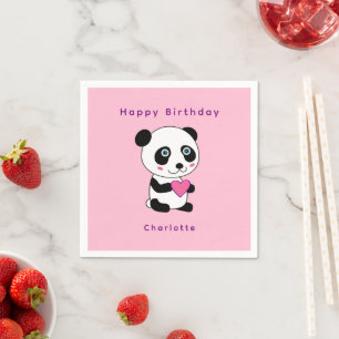 Cute Panda Pink Heart Birthday Personalized Name  Napkin