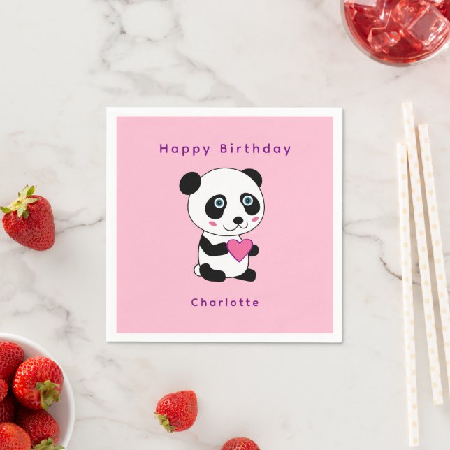 Cute Panda Pink Heart Birthday Personalized Name  Napkin (Insitu)