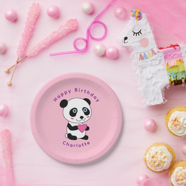 Cute Panda Pink Heart Birthday Personalized Name  Paper Plate (Party)