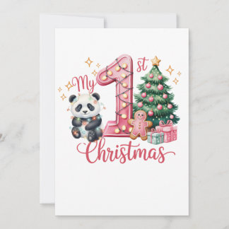 Cute Panda Pink My First Christmas Birthday Invitation