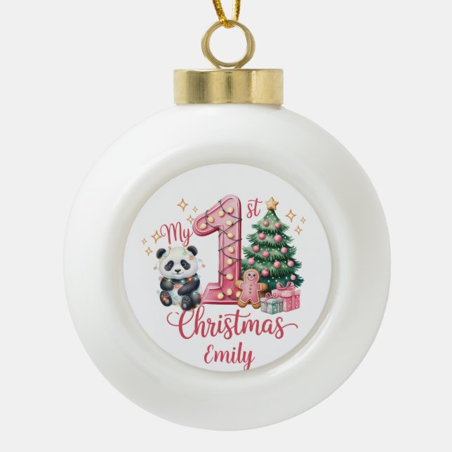 Cute Panda Pink My First Christmas Personalize  Ceramic Ball Christmas Ornament (Front)
