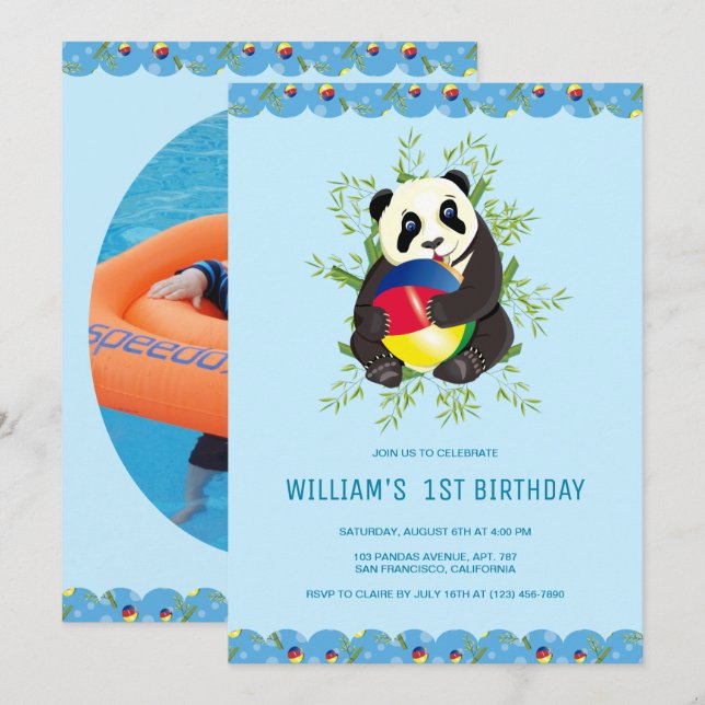 Cute Panda Playing Ball Happy 1st Birthday Photo I Invitation (Front/Back)