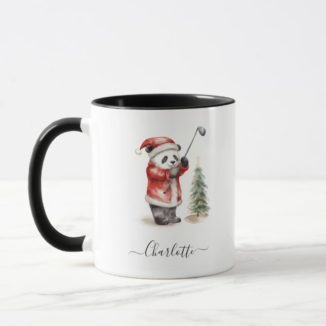 Cute Panda Playing Golf Merry Christmas Holiday Mug (Left)