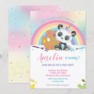 Cute Panda Rainbow Art Paint Birthday Party Girl Invitation