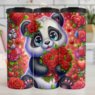 Cute Panda Red Rose Bouquet Wrap Thermal Tumbler