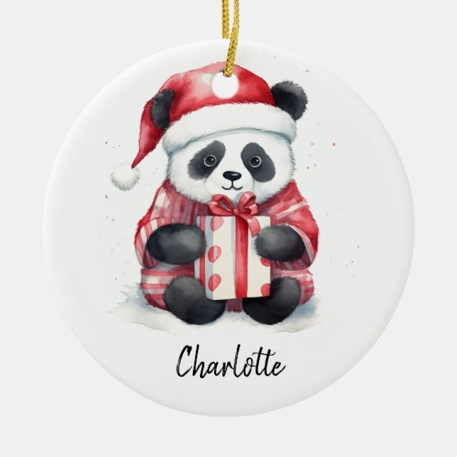 Cute Panda Santa Merry Christmas Ceramic Ornament (Front)