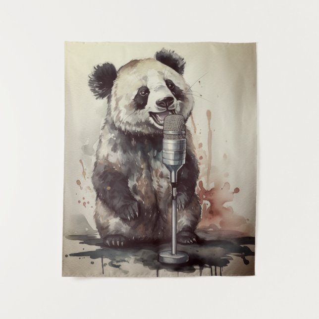Cute panda singing through retro microphone tapestry (Front)