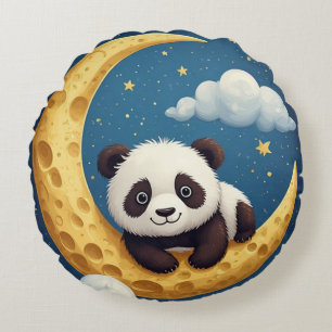 Cute Panda Sitting on a Golden Crescent Moon Round Pillow
