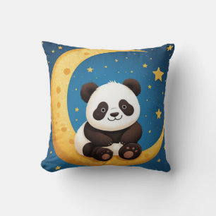 Cute Panda Sitting on a Golden Crescent Moon Throw Pillow
