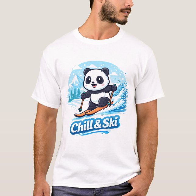 Cute Panda Skiing Chill & Ski Winter Design T-Shirt (Front)