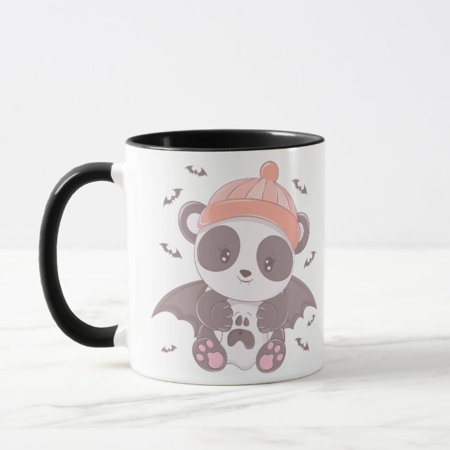 Cute Panda Vampire with Ghost & Bats Halloween Mug (Left)