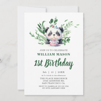 Cute Panda Watercolor Greenery 1st Birthday Invitation