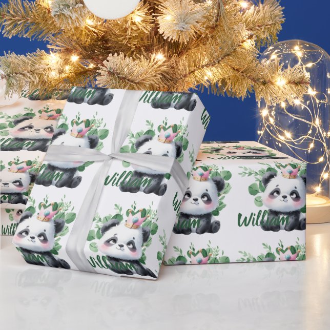 Cute Panda Watercolor Greenery Pattern Birthday Wrapping Paper (Holidays)
