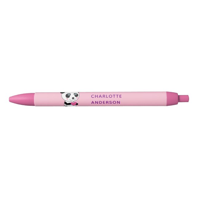 Cute Panda with a Pink Heart Personalized Name Blue Ink Pen (Front)