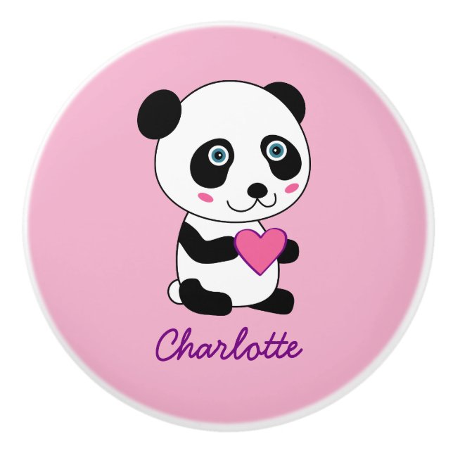 Cute Panda with a Pink Heart Personalized Name Ceramic Knob (Front)