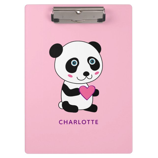Cute Panda with a Pink Heart Personalized Name  Clipboard (Front)
