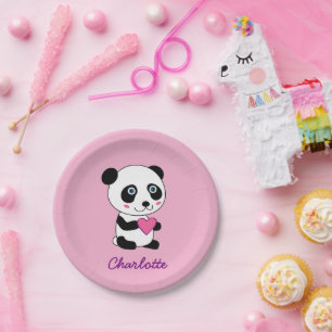 Cute Panda with a Pink Heart Personalized Name Mel Paper Plate