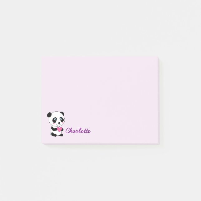 Cute Panda with a Pink Heart Personalized Name Post-it Notes (Front)